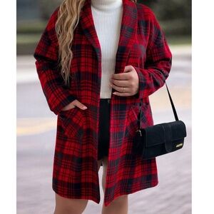 Plus Plaid Print Open Front Pockets jacket Coat